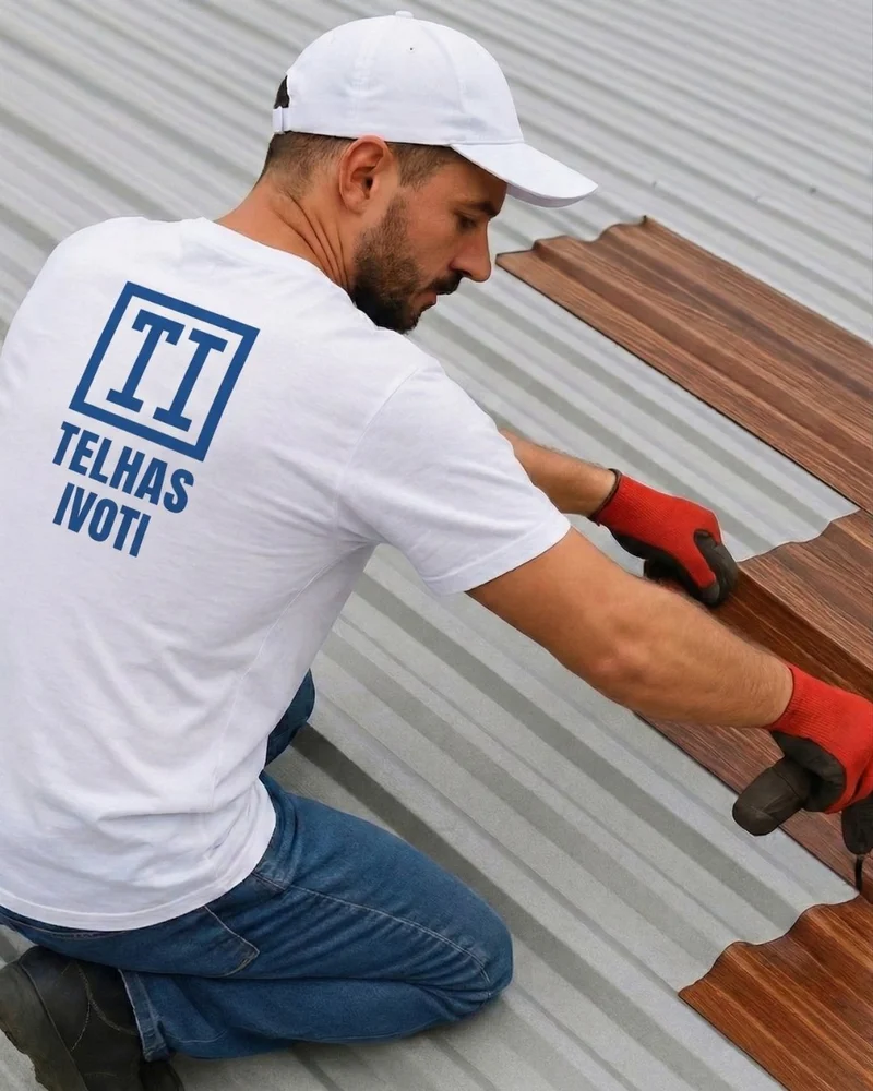 Técnico Telhas Ivoti instalando telha metálica colorida em residência — Serra Gaúcha
